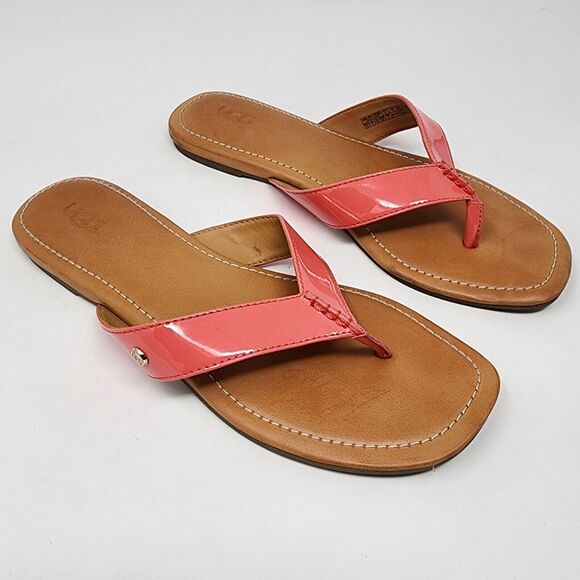 Ugg Thong Sandal Women's 9 Tuolumne Patent Flip Flop Neon Pink Logo Rivet EUC - Picture 2 of 11